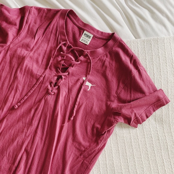 PINK Victoria's Secret Tops - VS Pink - Dog Lace Tie Up Tee Shirt Love